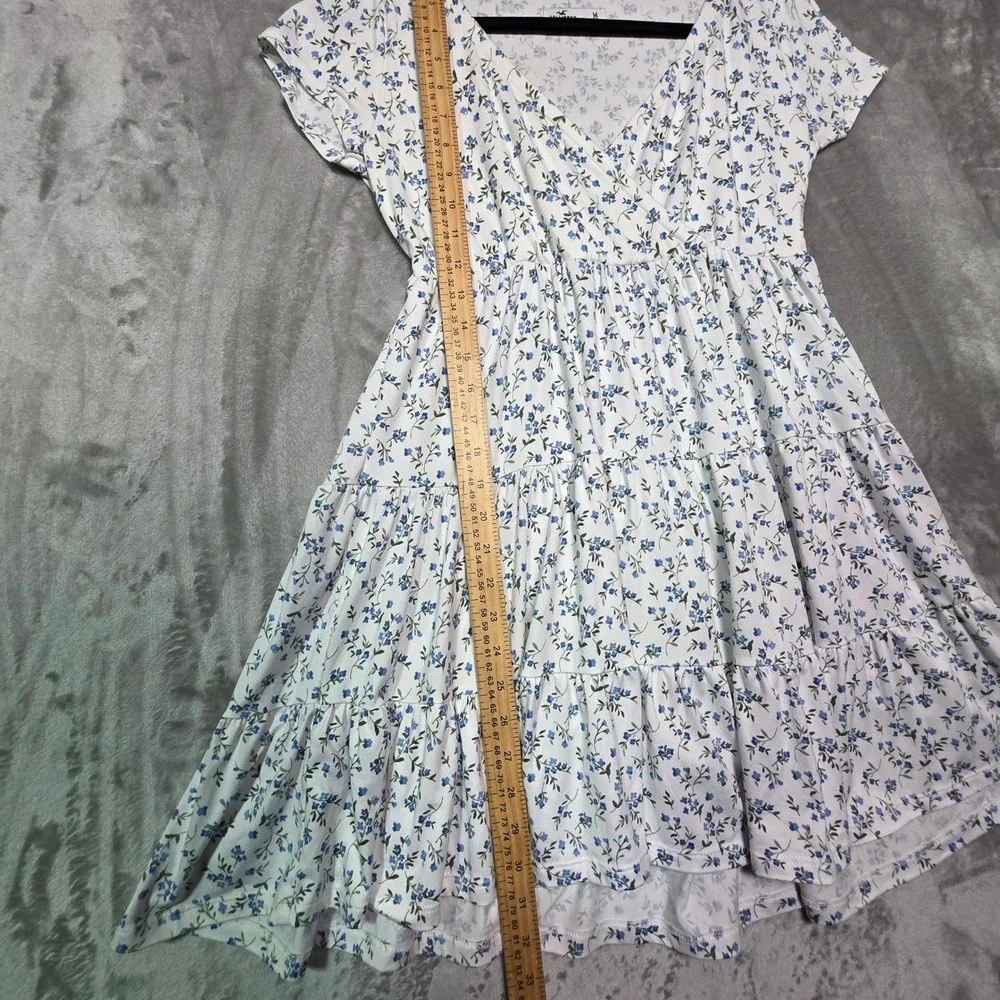 Hollister Girls White Blue Floral Tiered Mini Dress Short Sleeve V-Neck Size M